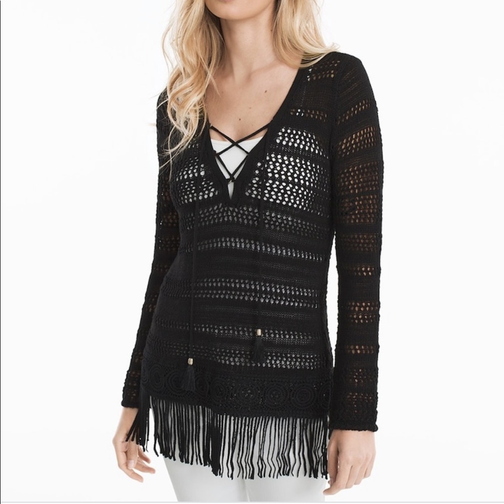 WHBM Black Fringe Lace-Up Tunic Sweater